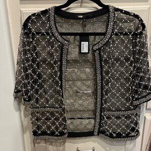 Maje Black and Silver Beaded Mesh Short Sleeve Jacket